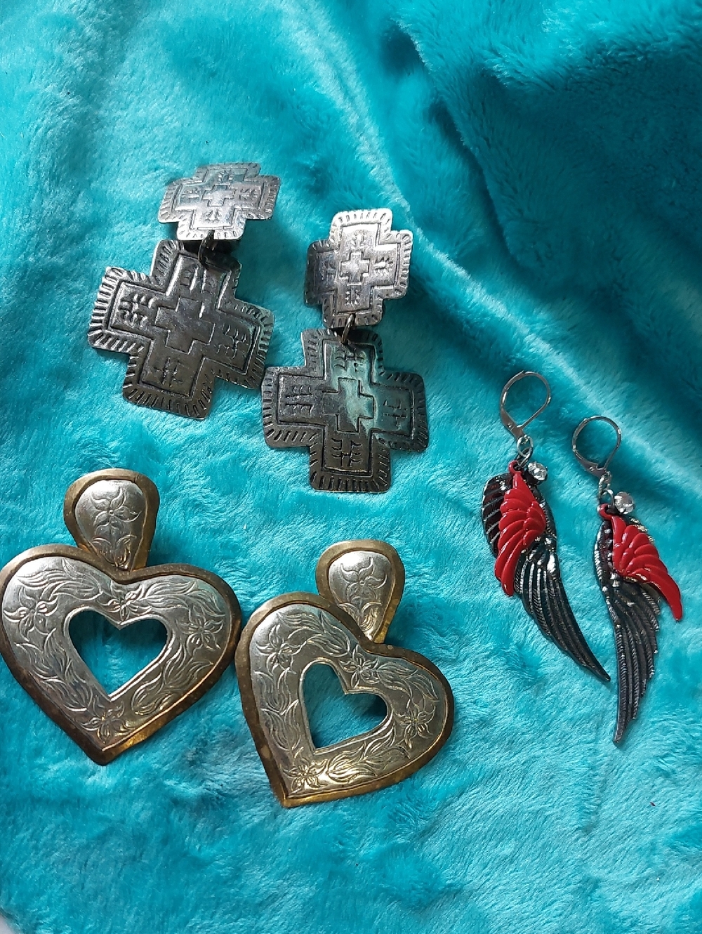 Vintage Metal Stamped Lot Of Three Estate Earrings, Estate Jewelry